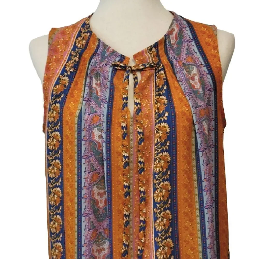 Cynthia Rowley Orange Patterned Tie Pleated Sleeveless Chiffon Blouse Size S - Picture 6 of 9